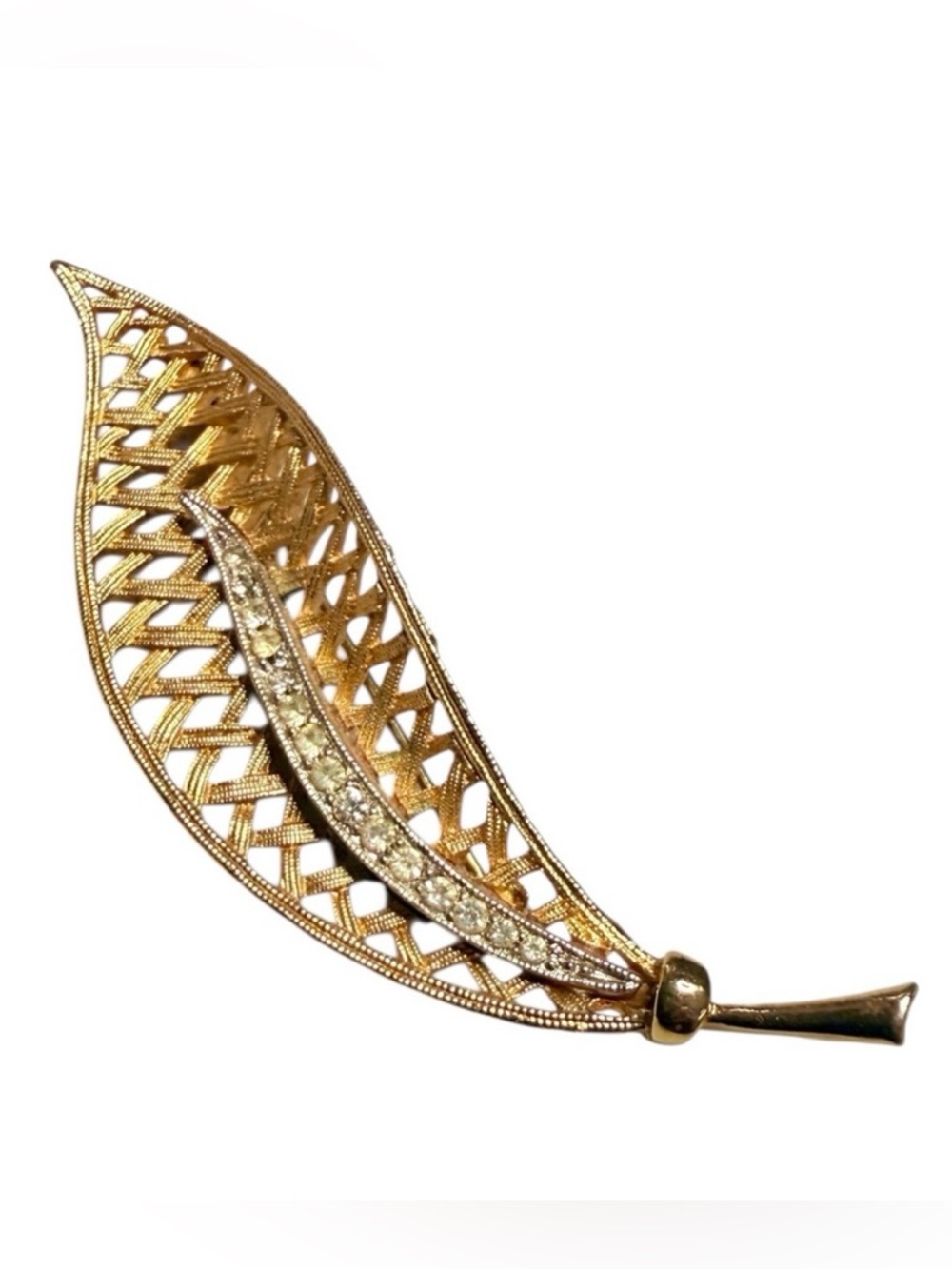 1950’s Vintage‎ Large Leaf Brooch with Rhinestones in Gold, Estate Jewelry, 3”